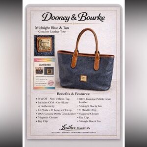 “Dooney & Bourke” Midnight Blue & Tan Genuine Leather Purse: NWOT + COA